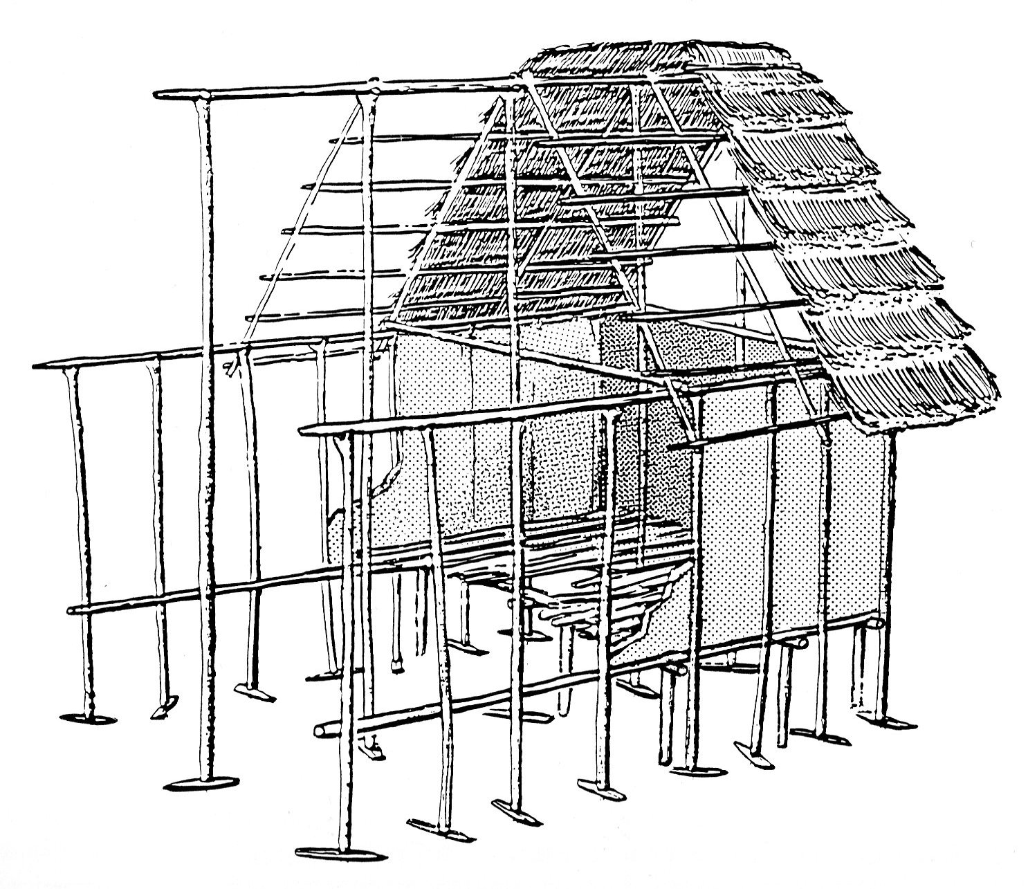 Fig. 7: Graphic reconstruction of a Neolithic house from Hornstaad Hörnle I, after Ruoff 1991