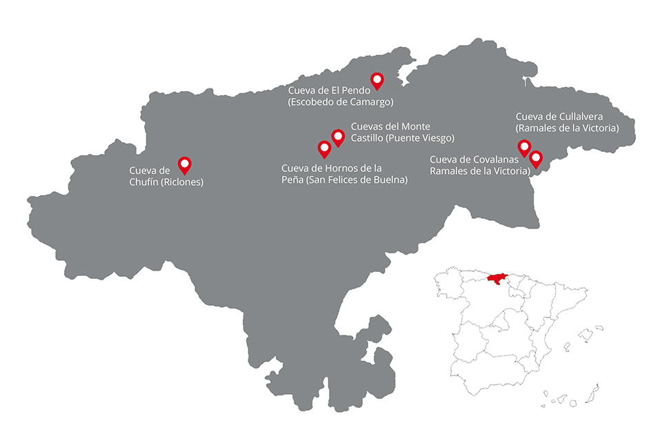 Ilustración 1. Distribución de la red de cuevas prehistóricas abiertas al público en Cantabria