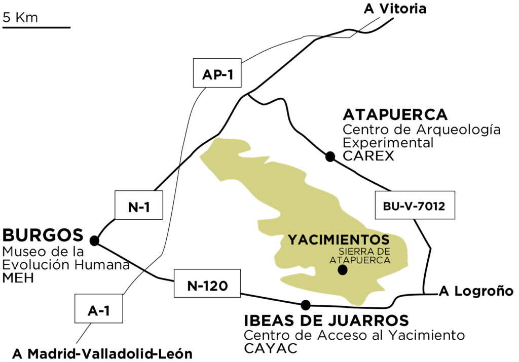 Figura 2. Plano con la ubicación de las infraestructuras divulgativas que forman parte del Sistema Atapuerca Cultura de la Evolución