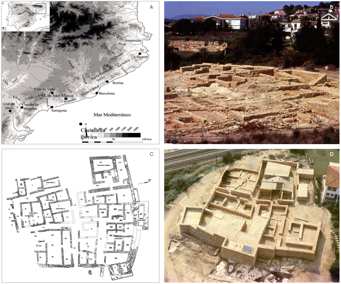 Figura 1. A.Situació del jaciment; B. Imatge dels treballs de consolidació; C. Planta del jaciment amb indicació dels recintes; D. Vista aèria un cop finalitzat el primer projecte d’intervenció.