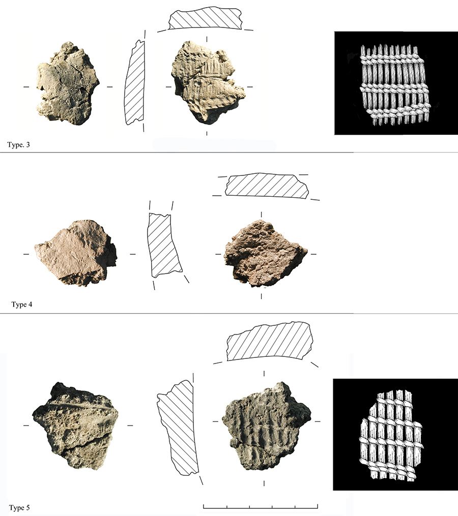 Figura 4. Coves de Santa Maira, boca oest (SM-W). Empremtes d’argila termoalterada amb impressions de cordes dels tipus 3 a 5. Els dibuixos són de Pilar Mas.