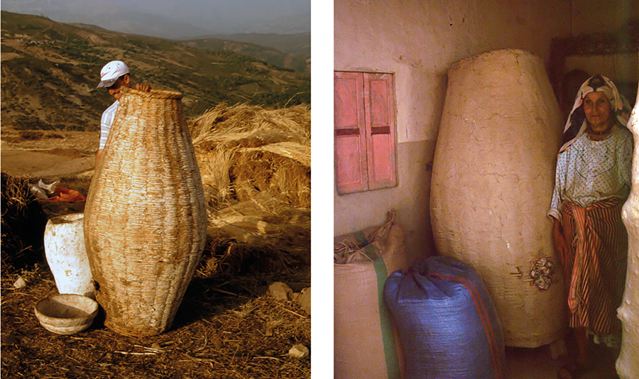 Figura 5. Contenidors elaborats amb fibres vegetals i recoberts d’argila per impermeabilitzar-los, Marroc. Imatges de L. Peña Chocarro.