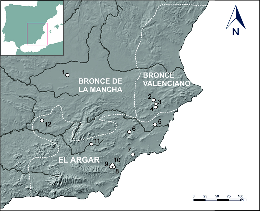 Figura 1. Mapa amb la distribució dels jaciments arqueològics de l’edad de Bonze esmentats al text: 1. Motilla de Santa María del Retamar (Argamasilla de Alba, Ciudad Real). 2.Cabezo Redondo (Villena, Alicante). 3. Terlinques (Villena, Alicante). 4. Cueva 9 de Monte Bolón (Elda, Alicante). 5. San Antón (Orihuela, Alicante). 6. La Almoloya (Pliego, Murcia). 7. Zapata (Lorca, Murcia). 8. El Argar (Antas, Almería). 9. Lugarico Viejo (Antas, Almería). 10. Fuente Bermeja (Antas, Almería). 11. Castellón Alto (Galera, Granada). 12. Peñalosa (Baños de la Encina, Jaén).