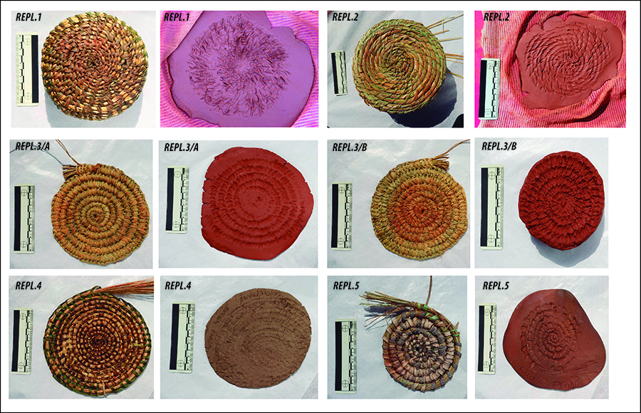 Figura 3. Bases de cistelleria en espiral cosida elaborades amb diferents tècniques en espiral cosida i les corresponents impressions sobre argila: rèplica 1, puntades simples entrellaçades; rèplica 2, puntades simples entrellaçades i travessades; rèplica 3, puntades intricades entrellaçades; rèplica 4, puntades intricades entrellaçades; rèplica 5, puntada intricada no entrellaçada.