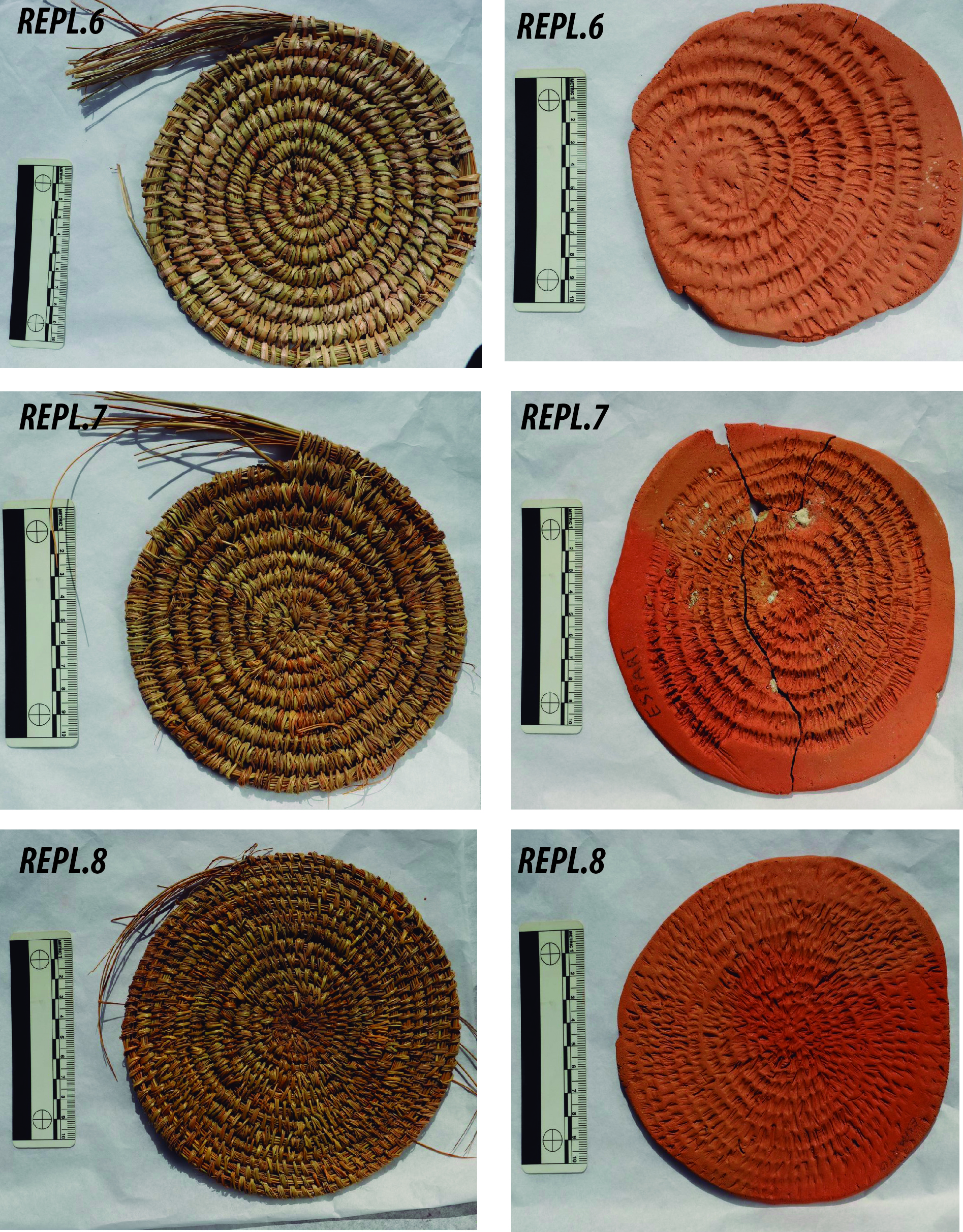 Figura 4. Bases de cistelleria en espiral cosida elaborades amb diferents tècniques en espiral cosida i les seves corresponents impressions sobre argila: rèplica 6, intricada no entrellaçada; rèplica 7, intricada no entrellaçada; rèplica 8, puntada simple entrellaçada.