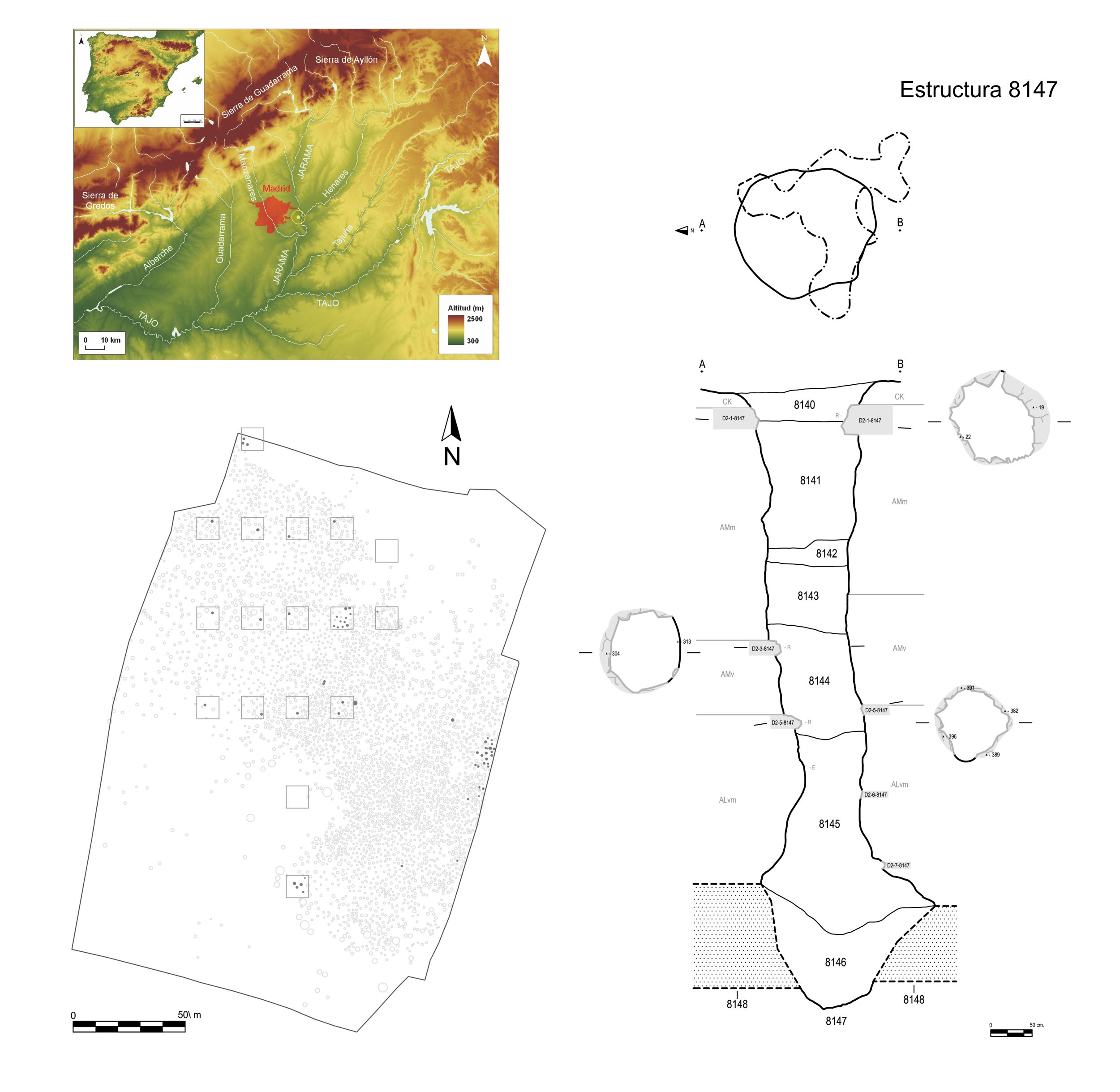 Figura 2. La mina neolítica de Casa Montero (Madrid): localització. Plànol del jaciment. Planta i secció d'una de les estructures mineres (pou 8147). ©Proyecto Casa Montero.