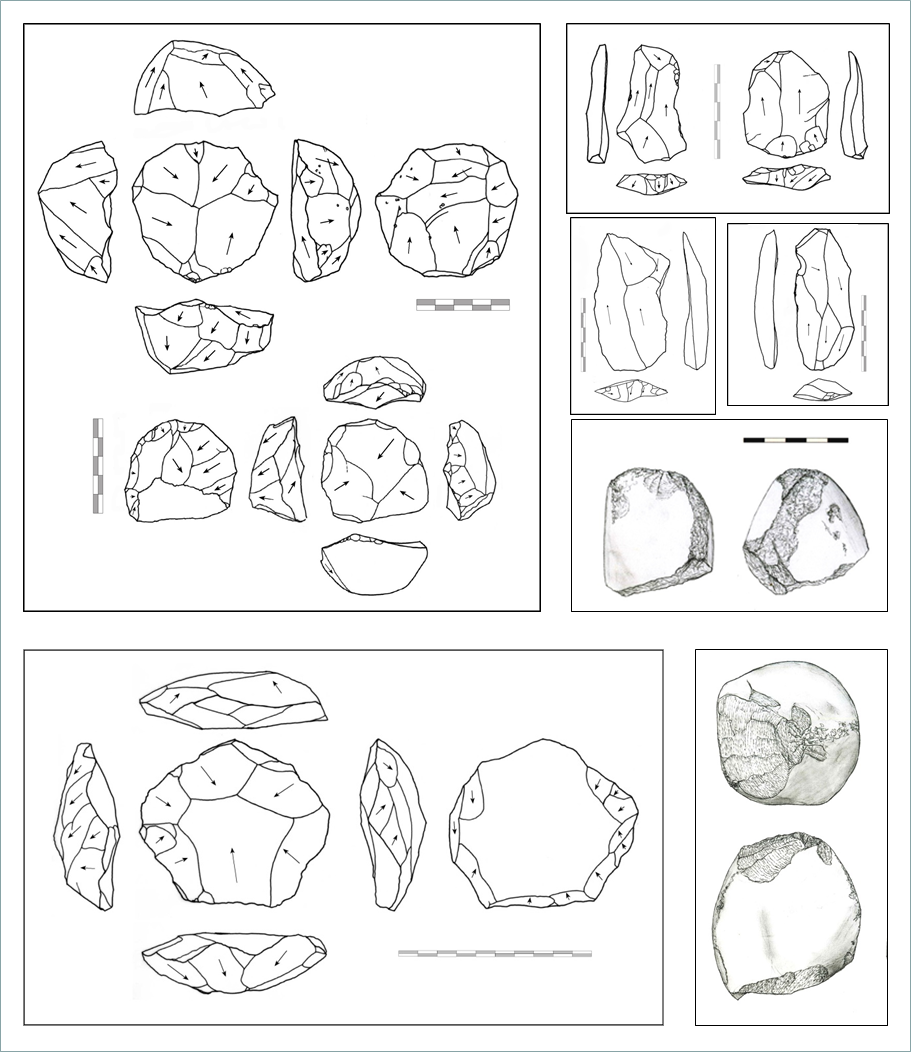 Figura 2. Percussors, nuclis i ascles Levallois del jaciment mosterià d’El Cañaveral (Madrid). A dalt: peces procedents d’A3-S3 VCN amb nuclis explotats per mitjà d’una estratègia Levallois recorrent centrípeta. A sota: nucli amb extracció preferencial d’A6 VCN i percussor d’A3-S3 VCN. Dibuixos de l’autor.