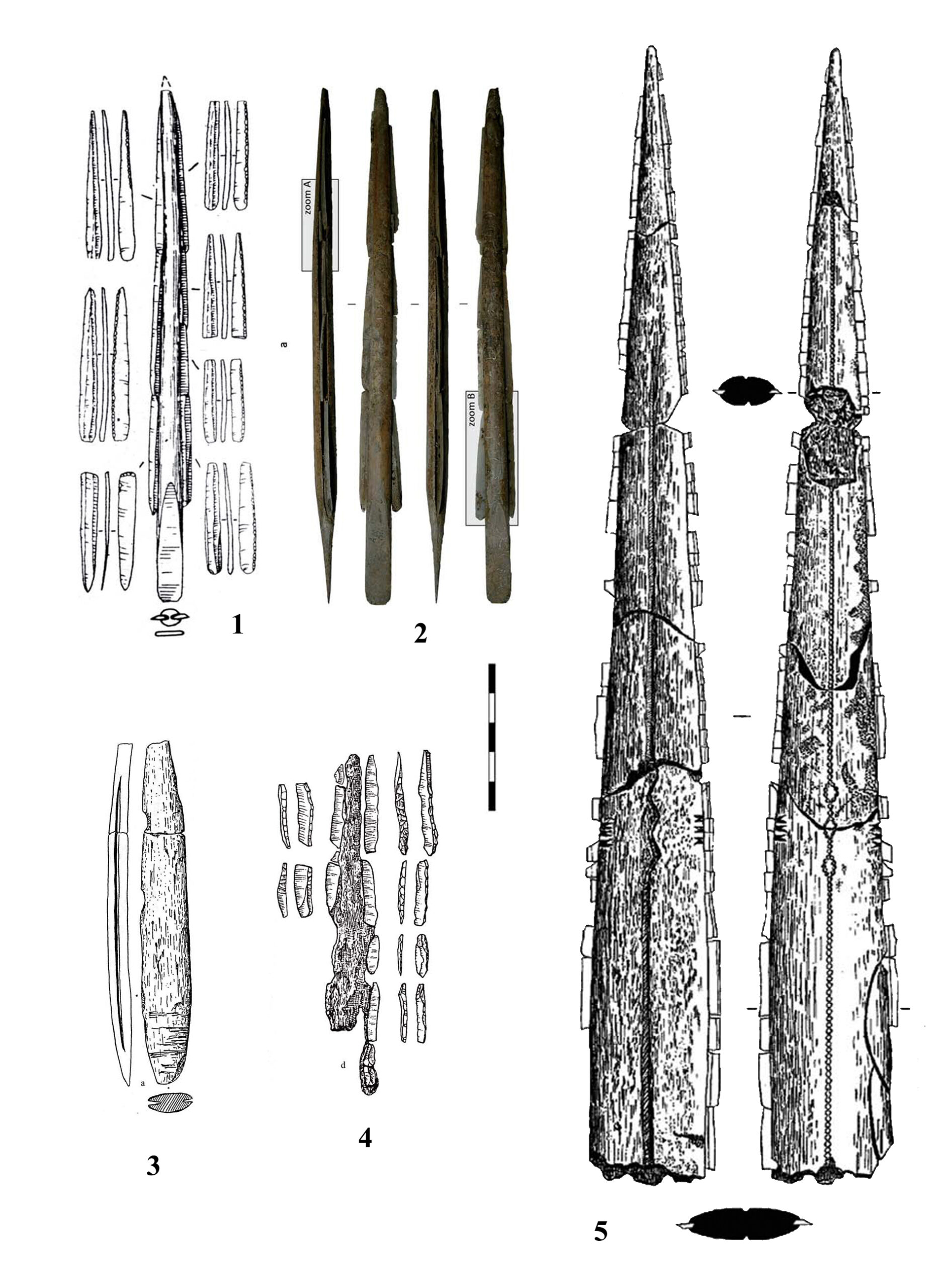 Figura 1. Ganivets i atzagaies armats amb làmines per pressió. La regularitat i rectitud de les seccions centrals de les làmines, derivades de la tècnica de pressió, permeten el muntatge compost de llargs talls rectilinis.