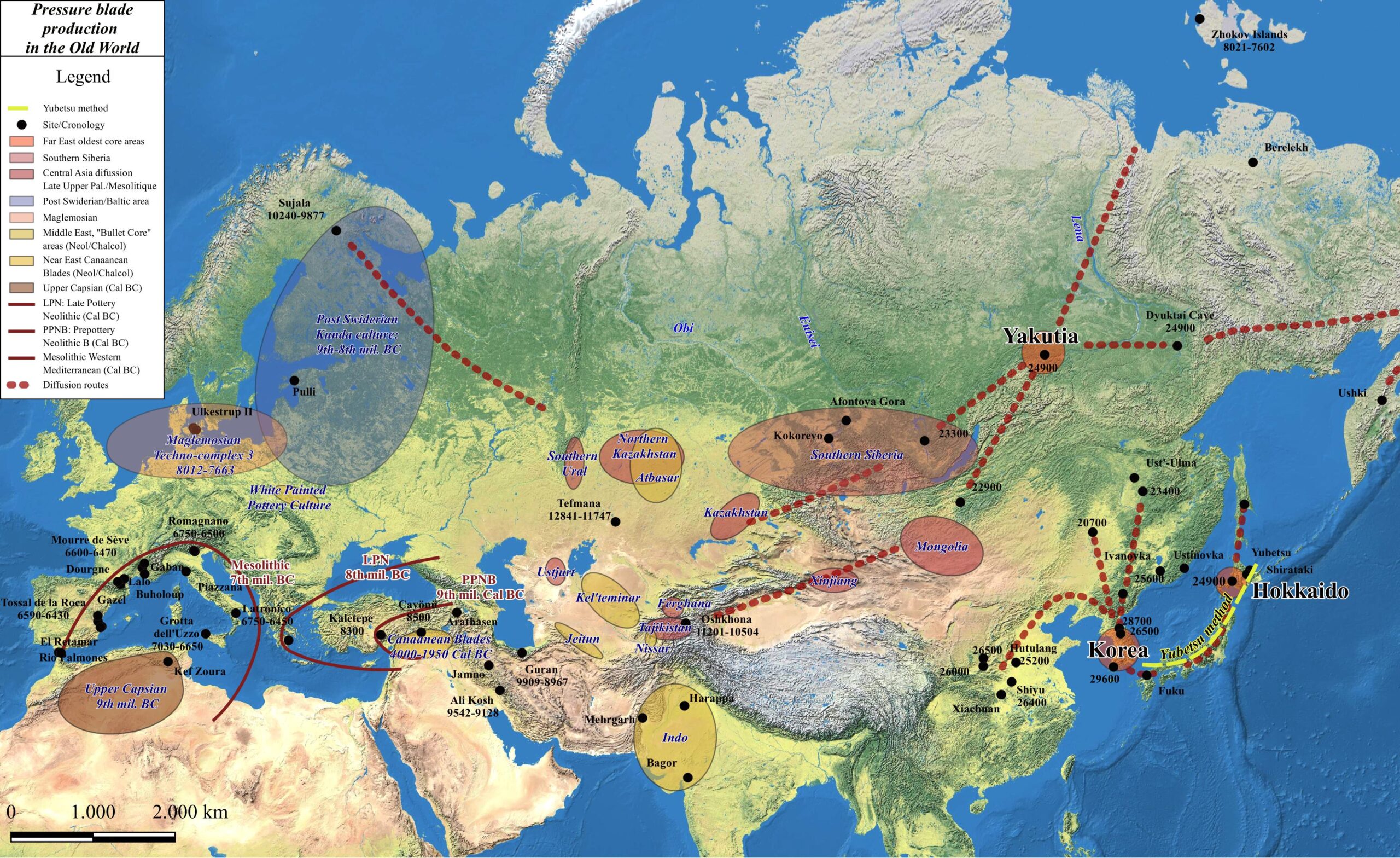 Figura 2. Mapa. A partir de Binder et al., 2012; Briois et al., 2005; Brunet, 2012; Chabot i Pelegrin, 2012; Clark, 2012; Yue et al., 2021; Kuzmin i Keates, 2021; Mery et al., 2006; Migal, 2012; Morgado et al., 2008; Morgado et al, 2011; Sorensen, 2012.
