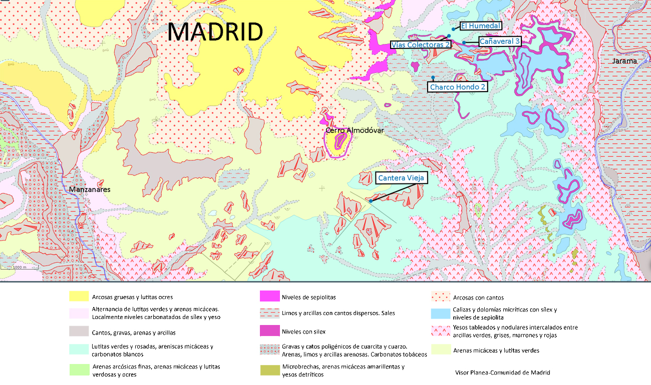 Figura 1. Materials geològics a la plataforma entre els rius Manzanares i Jarama, i localització dels jaciments. A partir de planimetria de Visor Planea de la Comunitat de Madrid. Figura 1. Materials geològics a la plataforma entre els rius Manzanares i Jarama, i localització dels jaciments. A partir de planimetria de Visor Planea de la Comunitat de Madrid.