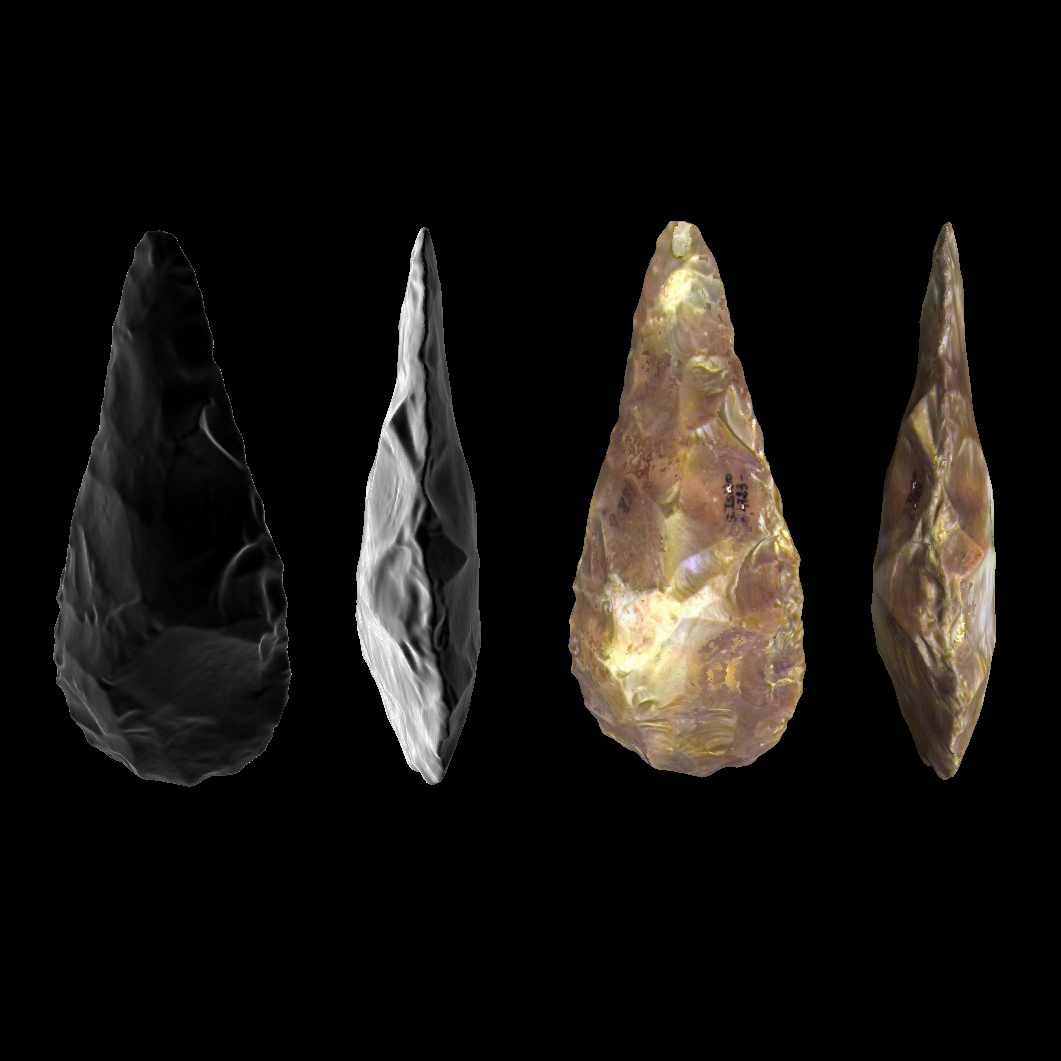 Figura 3. Model 3D del bifaç de San Isidro amb referència 1942/101/4/4723 realitzat amb l'autorització del Museo Arqueológico Nacional. Figura 3. Model 3D del bifaç de San Isidro amb referència 1942/101/4/4723 realitzat amb l'autorització del Museo Arqueológico Nacional.