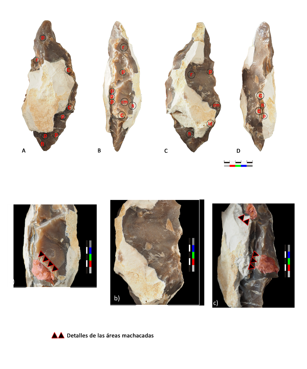 Figura 4. Peça bifacial realitzada per un tallador aprenent amb un grau baix de destresa tècnica i mitjà de destresa tecnològica. Cada marcador vermell representa un error tècnic (aturades, extraccions reflectides, cascades, etc.). Figura 4. Peça bifacial realitzada per un tallador aprenent amb un grau baix de destresa tècnica i mitjà de destresa tecnològica. Cada marcador vermell representa un error tècnic (aturades, extraccions reflectides, cascades, etc.).